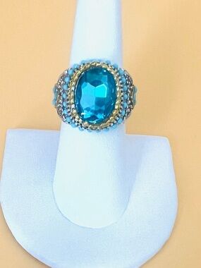 Silver plated dome ring large oval turquoise rhinestones